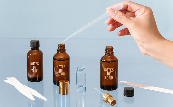 Perfume mixing bottles and pipette at Mini Perfume Workshop in EZE-Village.