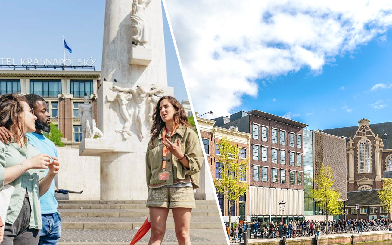 Anne Frank House and National Monument during WWII walking tour in Amsterdam.