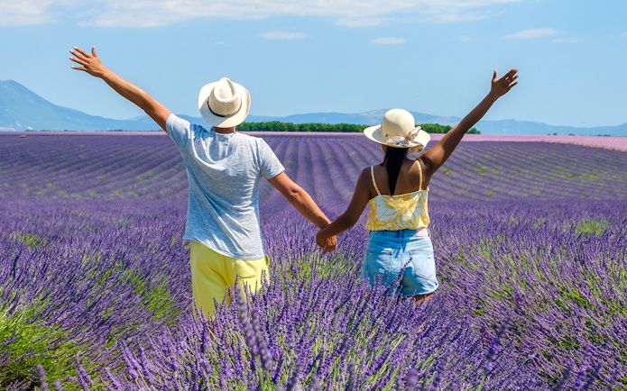 Couple holding hands in a lavender field in Provence, France.