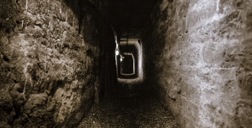 Dark corridor in the Paris Catacombs with stone walls and dim lighting.