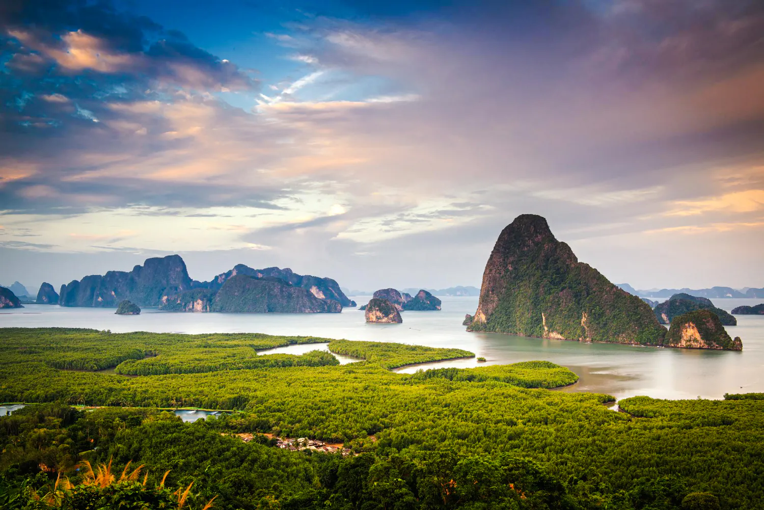 Samet Nangshe Viewpoint overlooking Phang Nga Bay with limestone cliffs, Phuket.