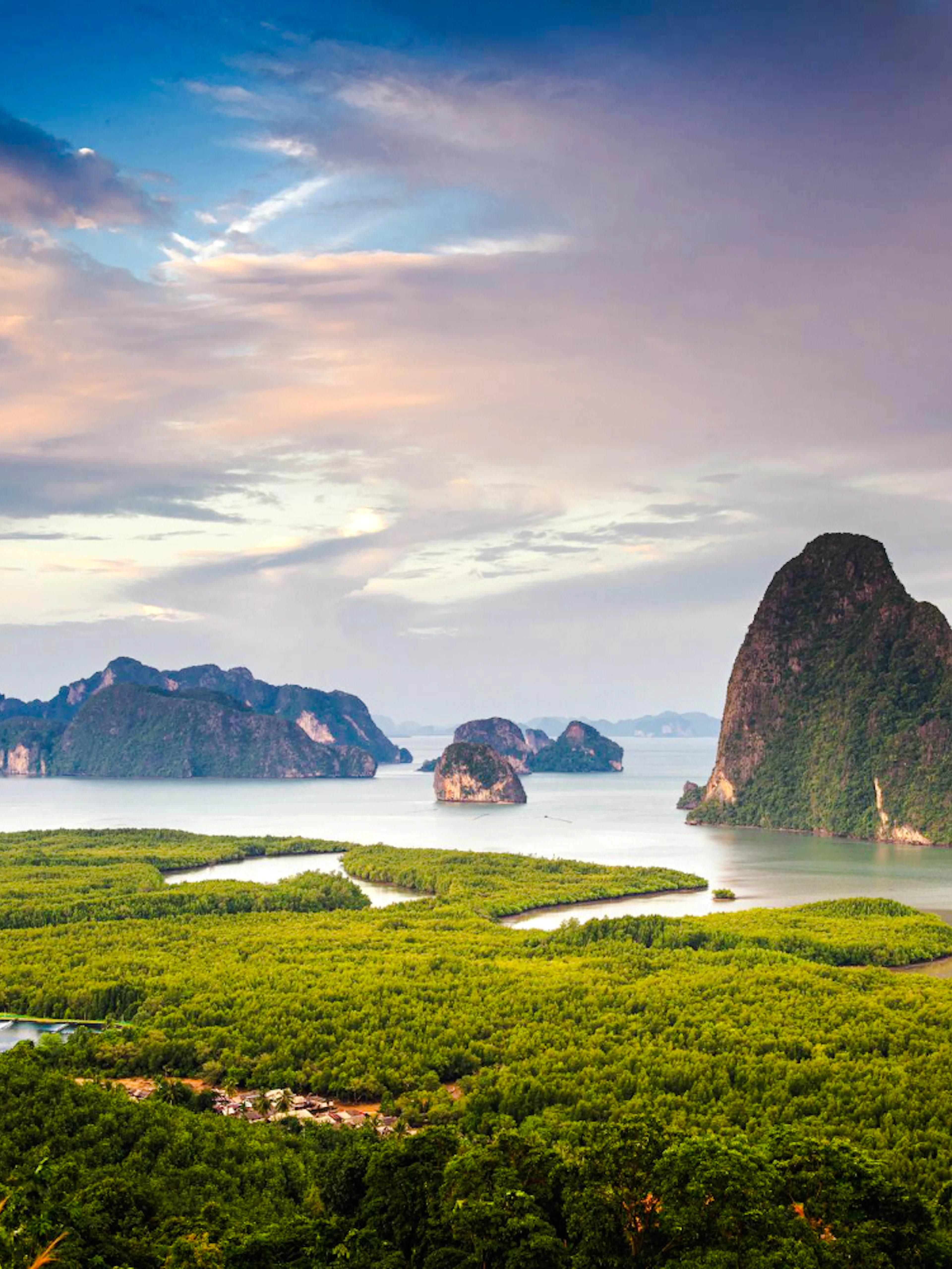 Samet Nangshe Viewpoint overlooking Phang Nga Bay with limestone cliffs, Phuket.