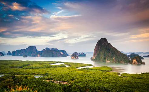 Samet Nangshe Viewpoint overlooking Phang Nga Bay with limestone cliffs, Phuket.
