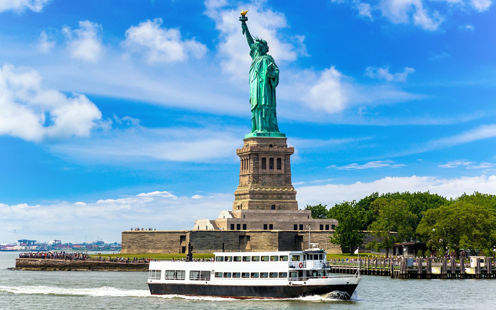 Statue of Liberty viewed from a sightseeing cruise in New York Harbor.