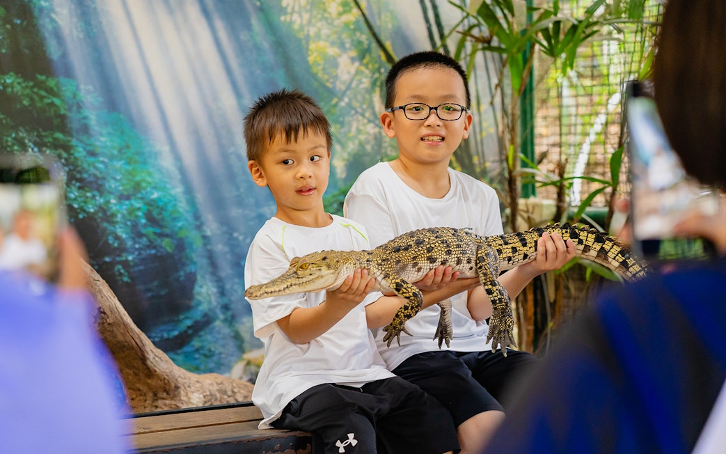 Children holding a young crocodile at Crocodile Adventureland Langkawi.