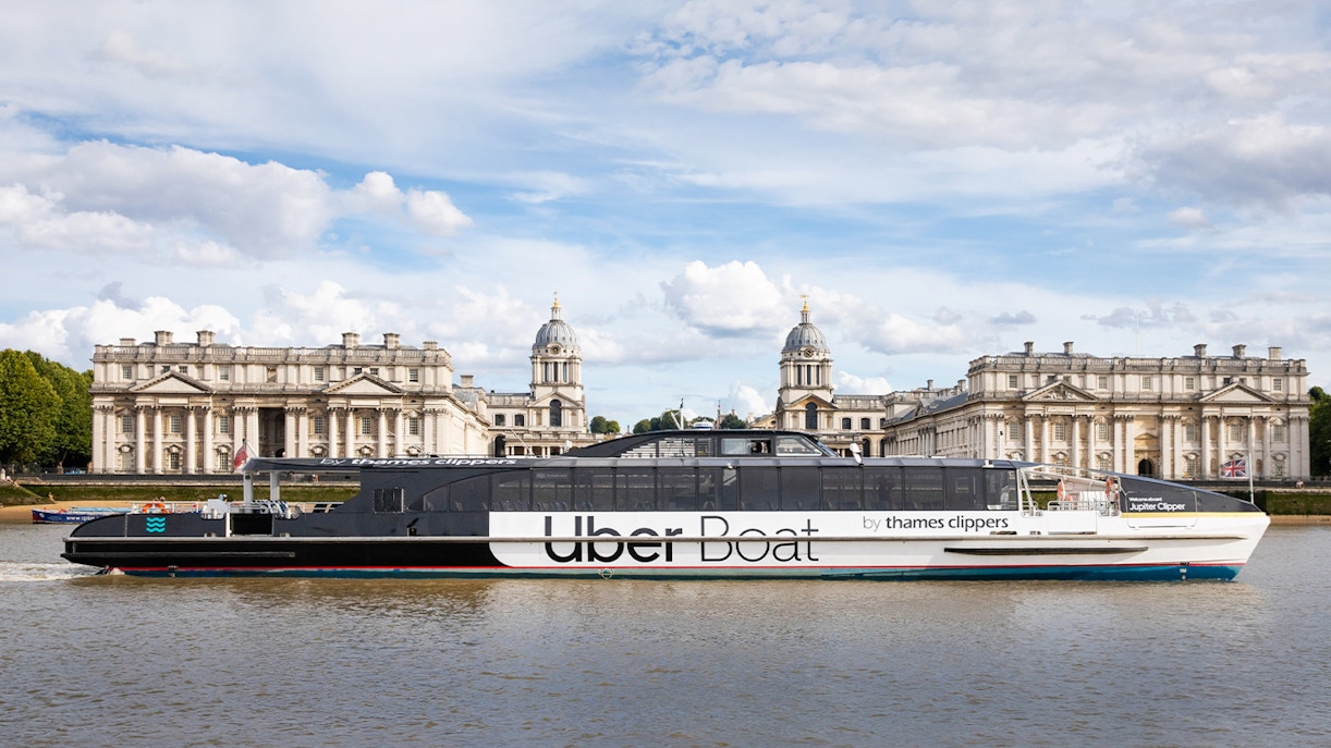 Uber Boat by Thames Clippers passing Old Royal Naval College, London.