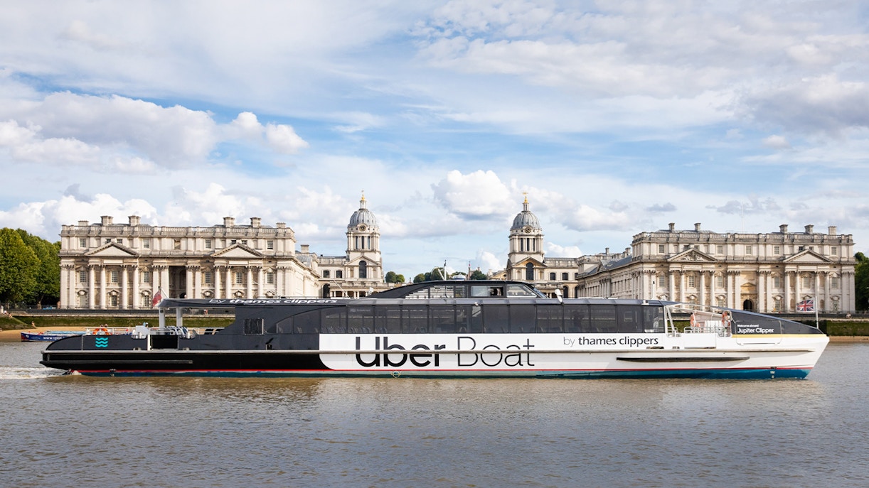 Uber Boat by Thames Clippers passing Old Royal Naval College, London.