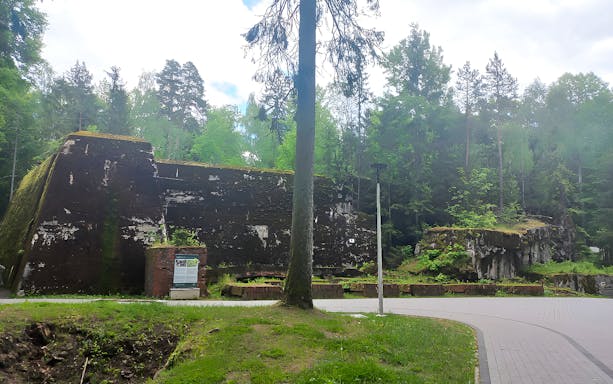 Wolf’s Lair ruins surrounded by forest, part of Hitler’s headquarters tour in Poland.