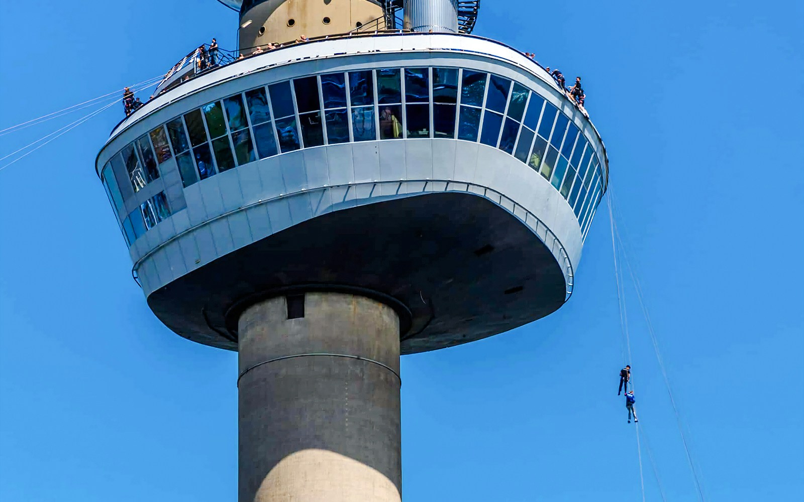 Ziplining from the Euromast tower in Rotterdam, Netherlands.
