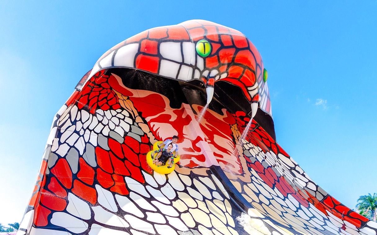 Riders on King Cobra water slide in Doha.