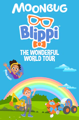 Blippi performing on stage during The Wonderful World Tour with colorful props and audience in background.