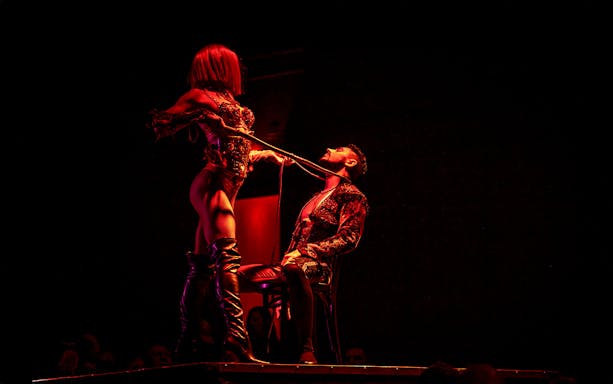 Performer in a dramatic pose during a Rouge show.