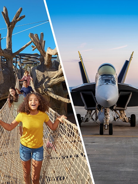San Diego Zoo treetop walkway and USS Midway Museum aircraft display.