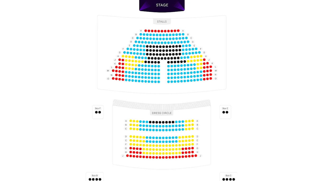 Duchess Theatre seating map showing stalls and dress circle layout.