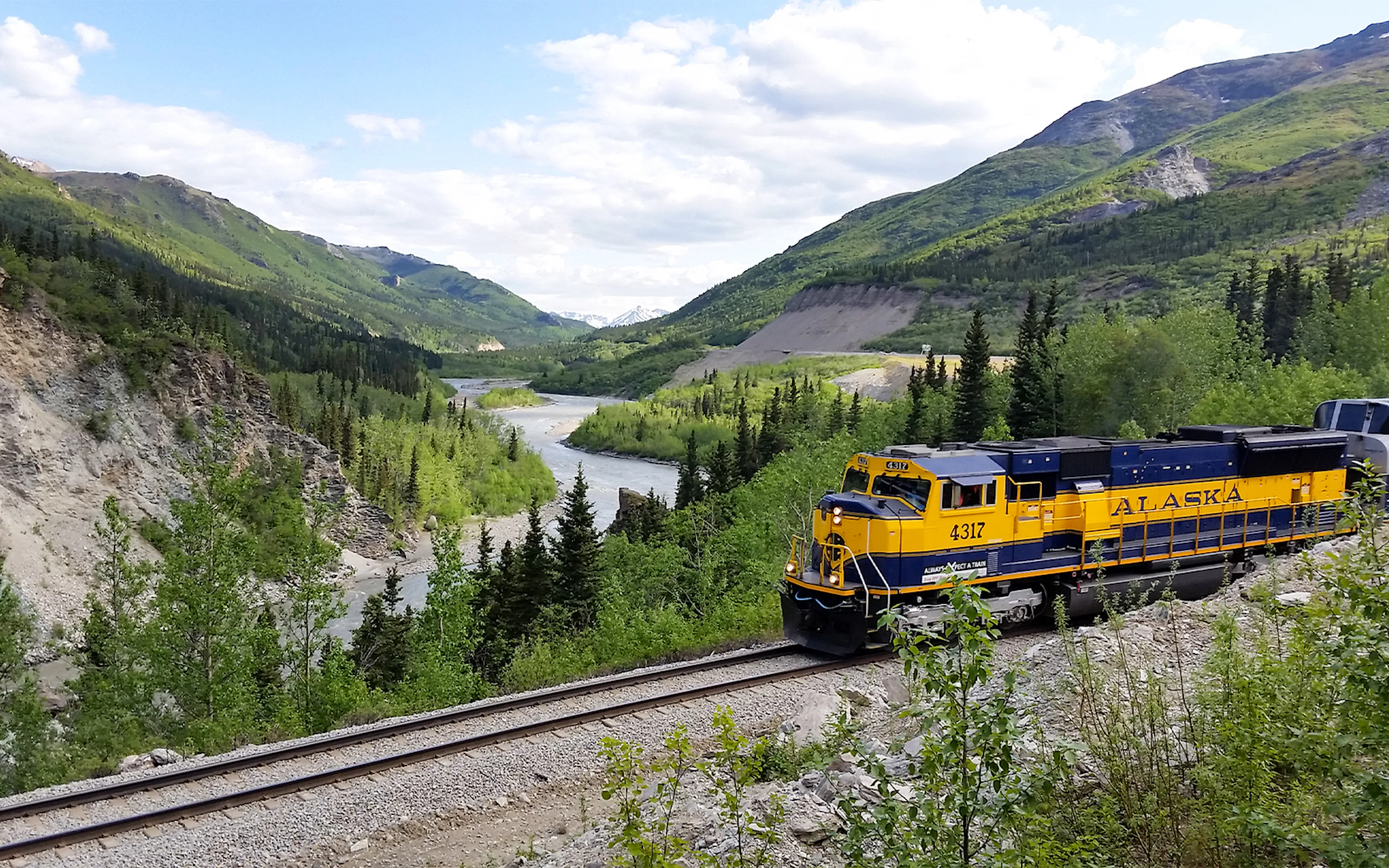 Alaska Railroad train passing through forest with snow-capped mountains in the background.