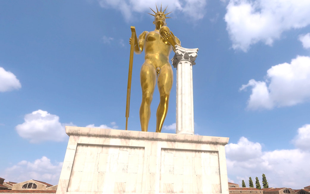 Golden statue of a Roman god with a column, part of the Colosseum virtual reality tour.