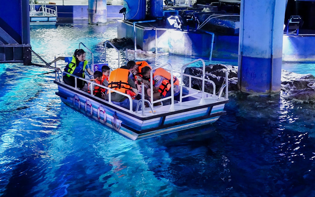 Visitors on a glass bottom boat tour at Sea Life Bangkok, viewing marine life.