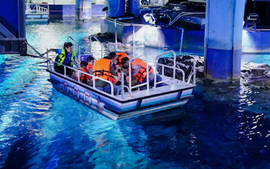 Visitors on a glass bottom boat tour at Sea Life Bangkok, viewing marine life.