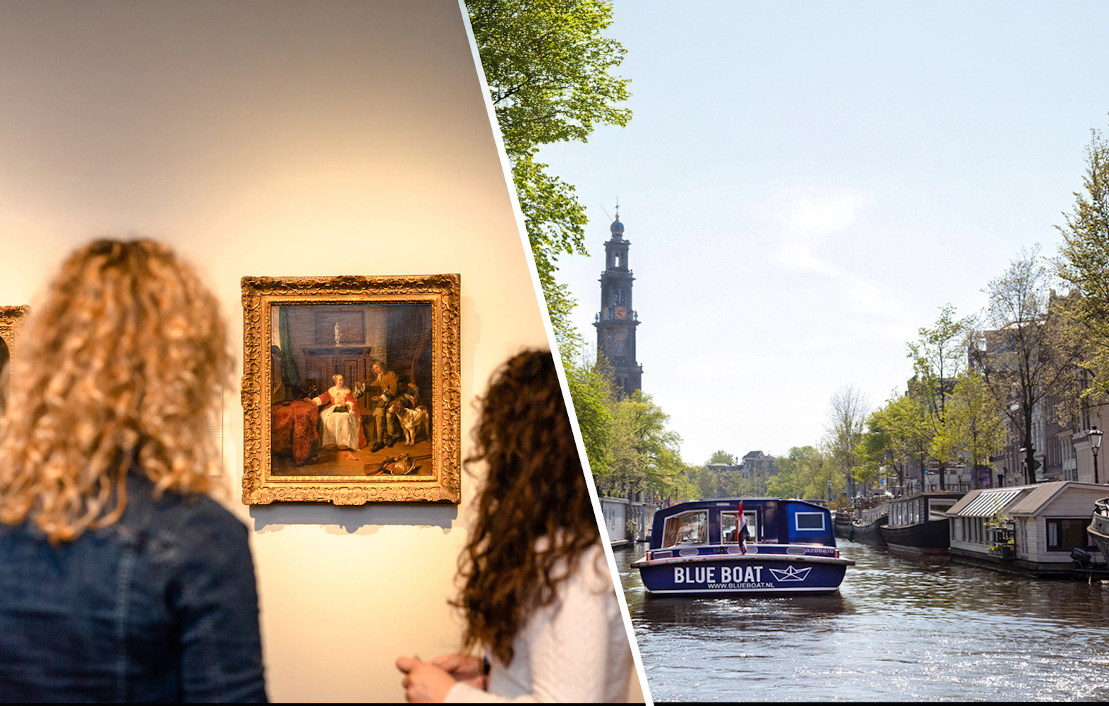 Rijksmuseum visitors viewing art; canal cruise boat on Amsterdam canal.