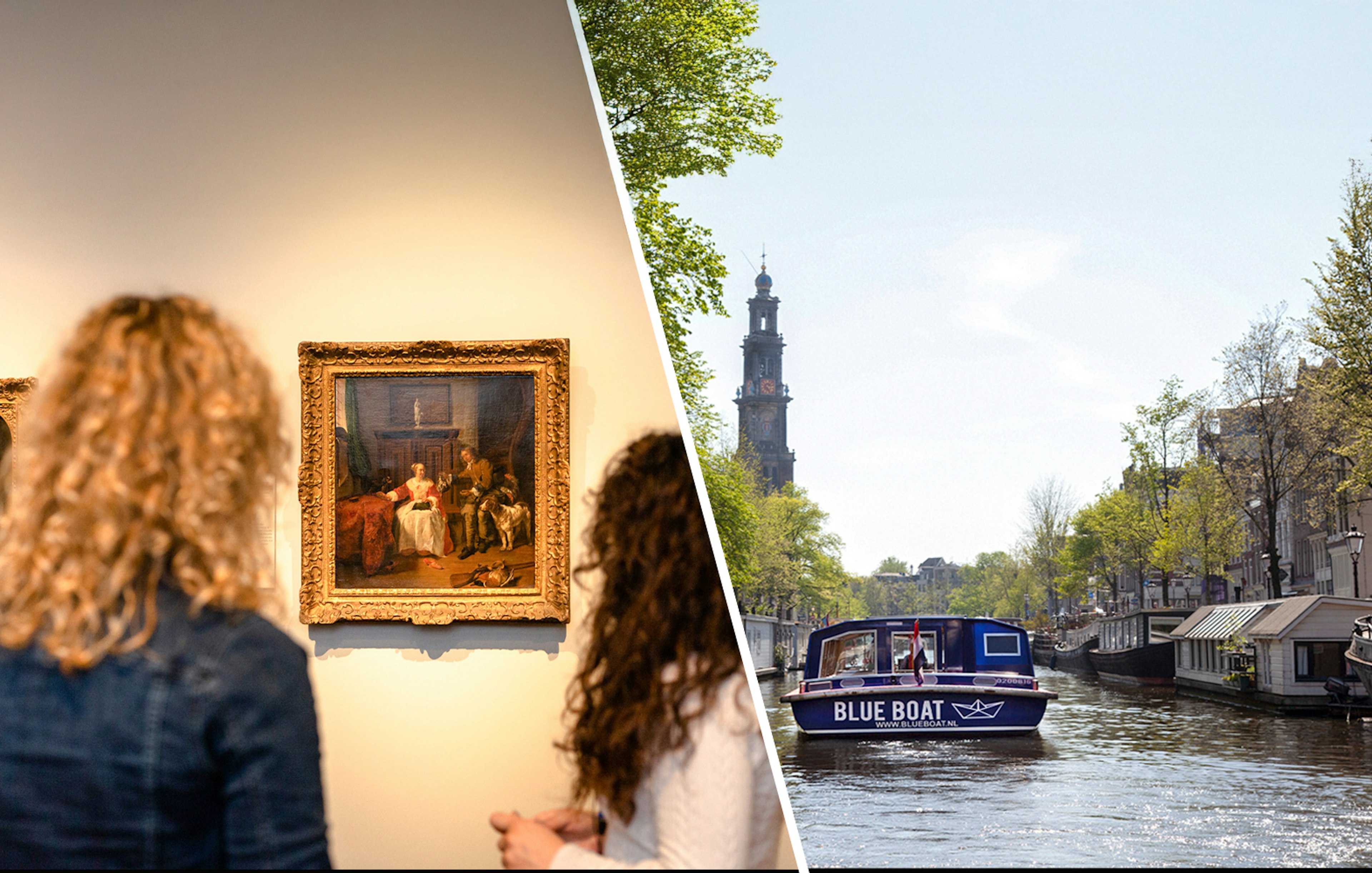 Rijksmuseum visitors viewing art; canal cruise boat on Amsterdam canal.