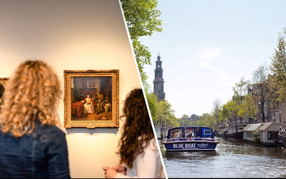 Rijksmuseum visitors viewing art; canal cruise boat on Amsterdam canal.