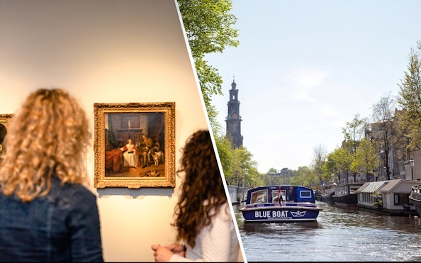 Rijksmuseum visitors viewing art; canal cruise boat on Amsterdam canal.