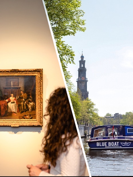 Rijksmuseum visitors viewing art; canal cruise boat on Amsterdam canal.