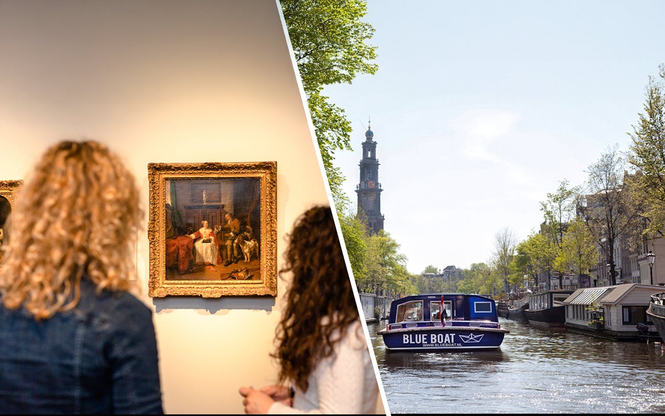 Rijksmuseum visitors viewing art; canal cruise boat on Amsterdam canal.