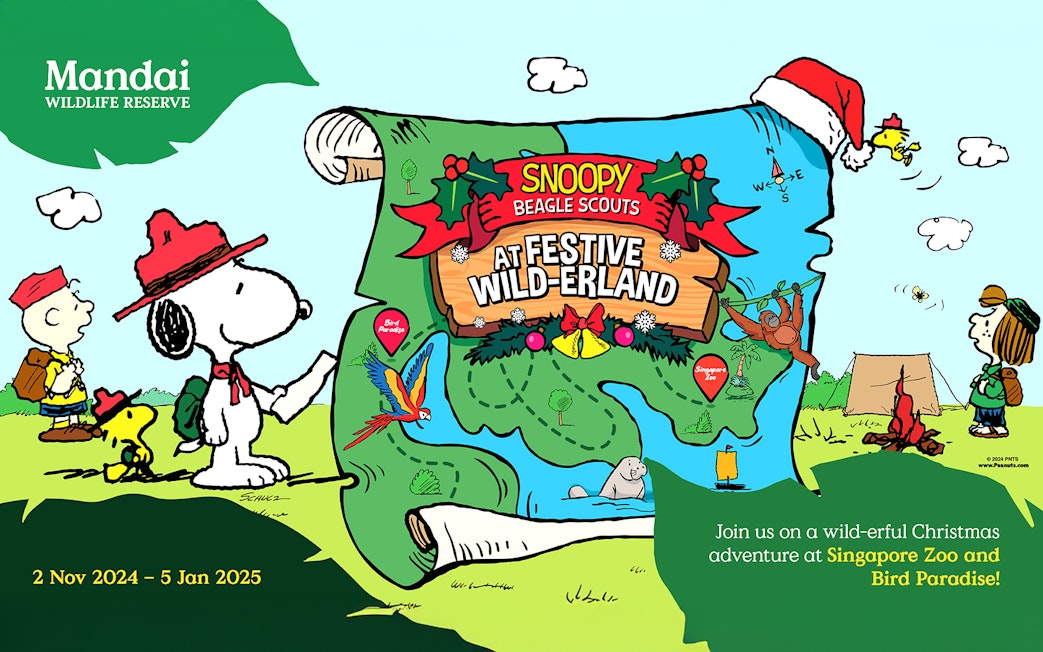 Snoopy and friends with a festive map at Mandai Wildlife Reserve, highlighting Singapore Zoo and Bird Paradise.