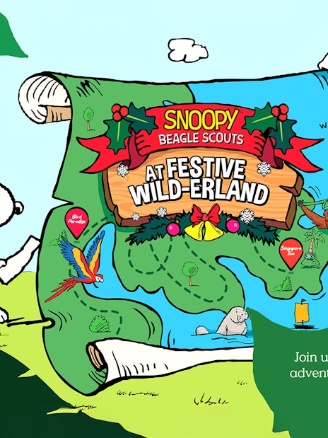 Snoopy and friends with a festive map at Mandai Wildlife Reserve, highlighting Singapore Zoo and Bird Paradise.