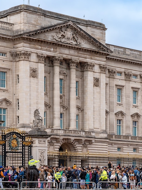 Crowd gathered at Buckingham Palace gates in London.