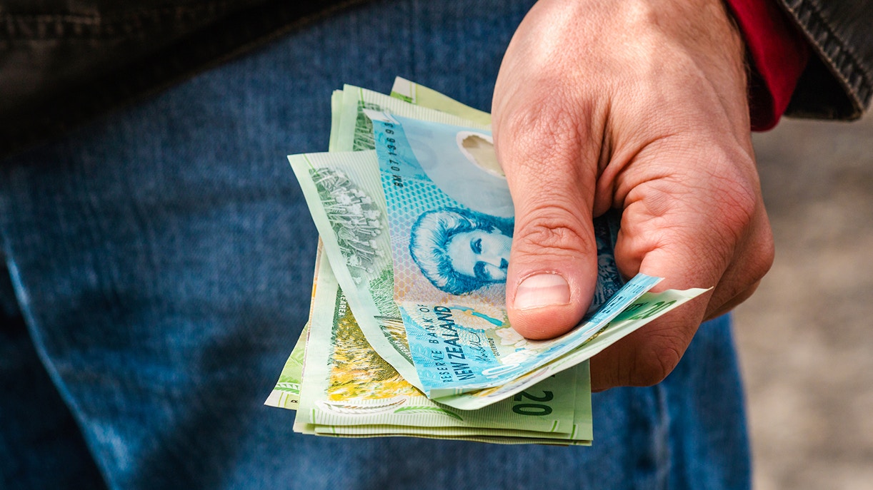 Hand holding New Zealand dollar bills.