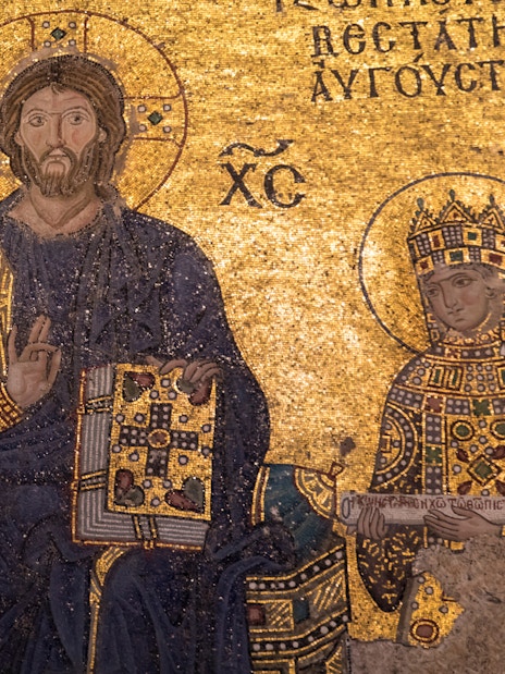 Hagia Sophia mosaic depicting religious figures, Istanbul.