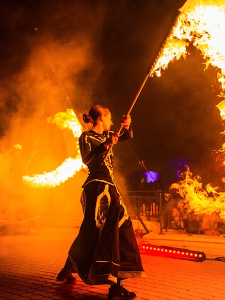 Fire performer at Sparty bath party in Budapest.