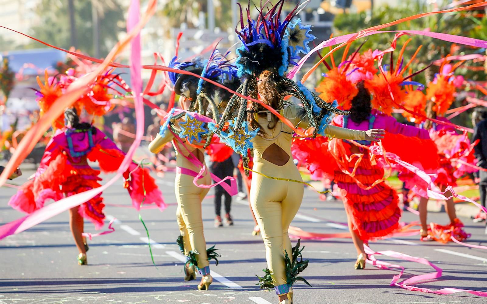 Dancers in vibrant costumes at Rio Carnival parade.