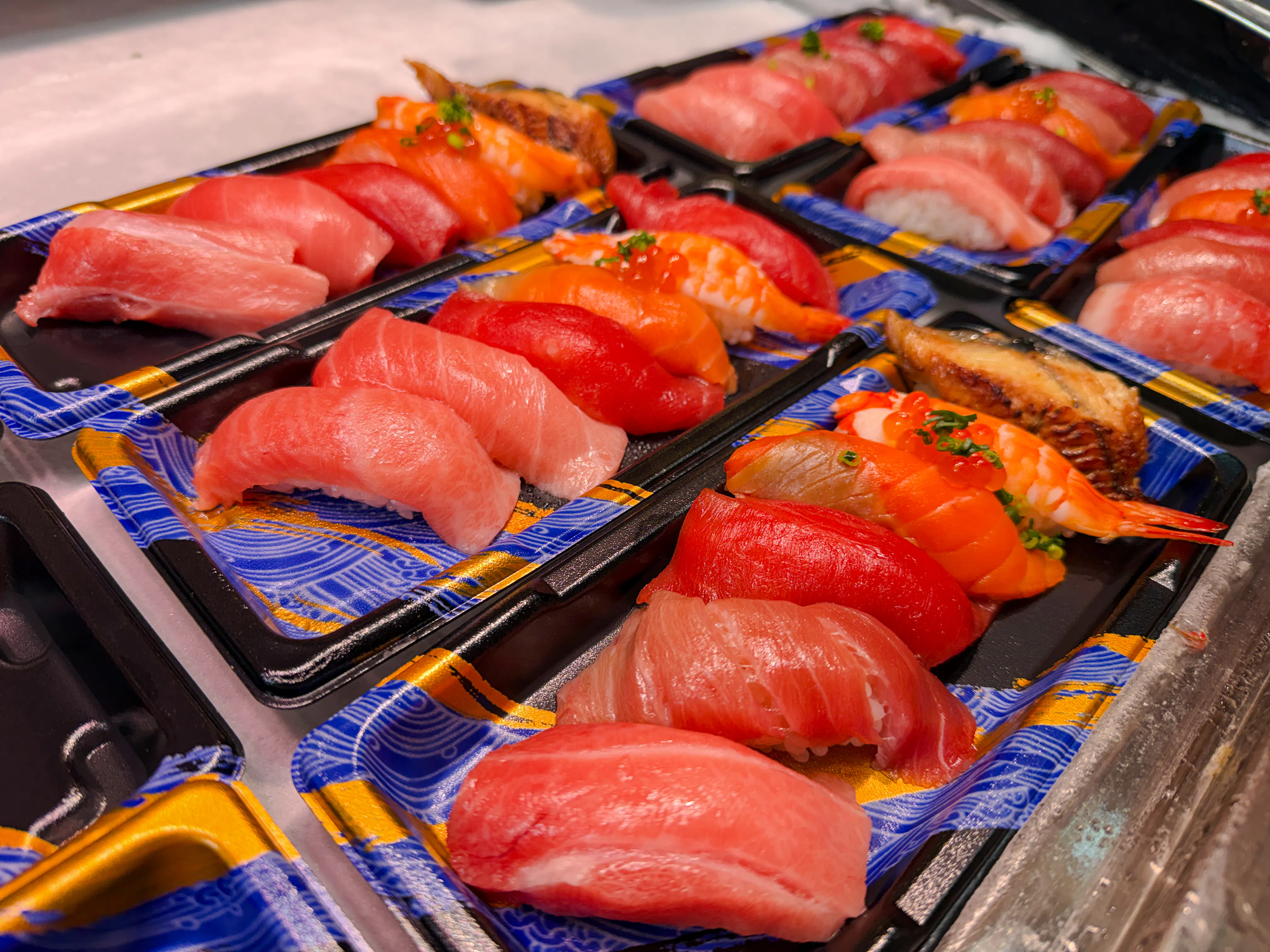 Assorted sushi platters at Tsukiji Fish Market, Tokyo.