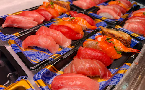 Assorted sushi platters at Tsukiji Fish Market, Tokyo.