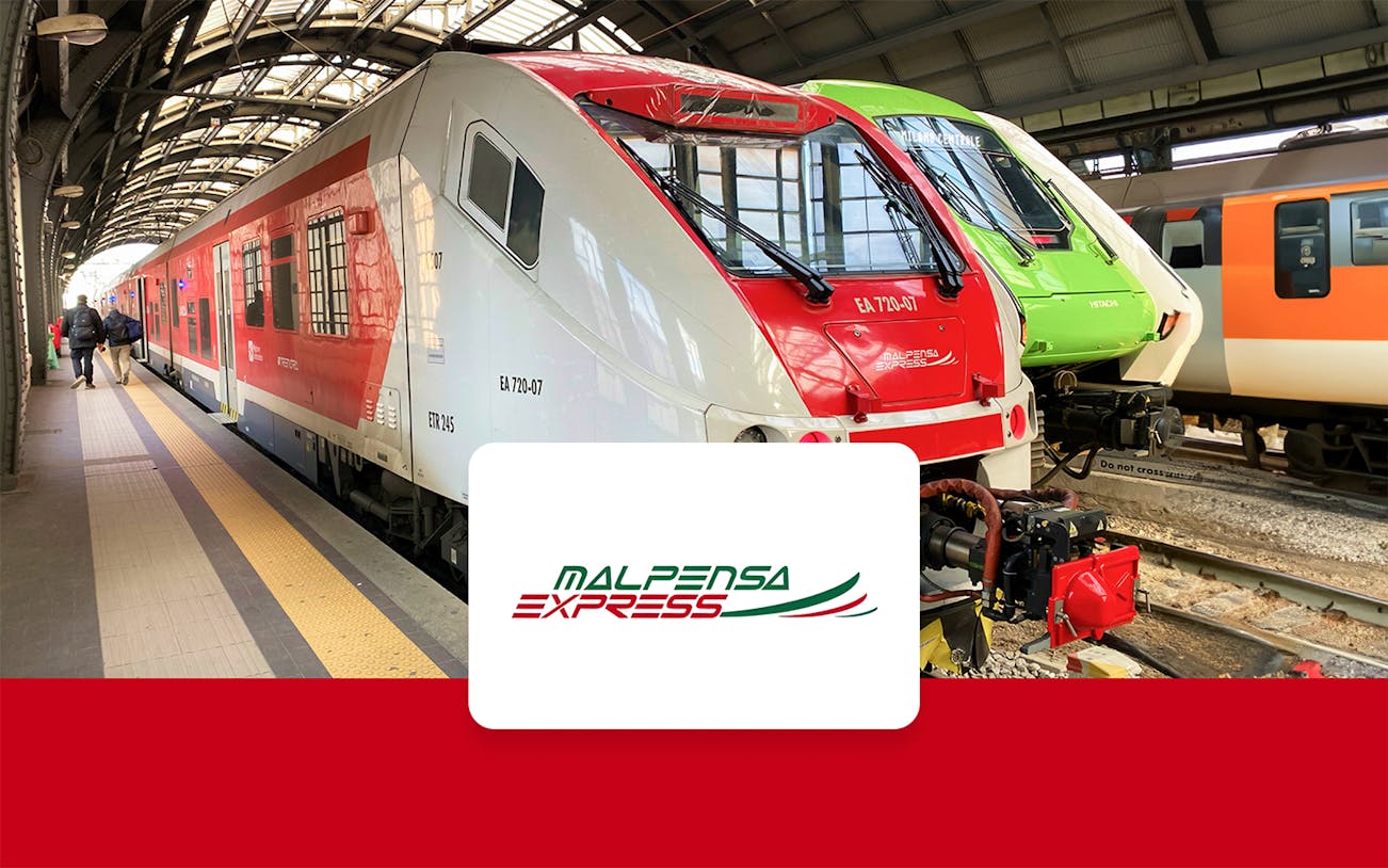 Malpensa Express train at Milan Central Station platform.
