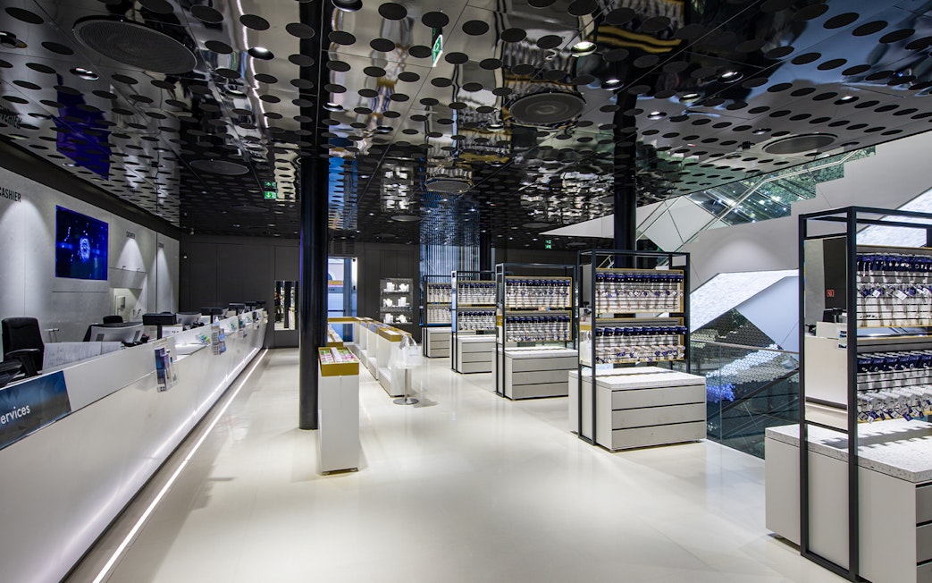 Swarovski House interior in Vienna with display shelves and modern decor.