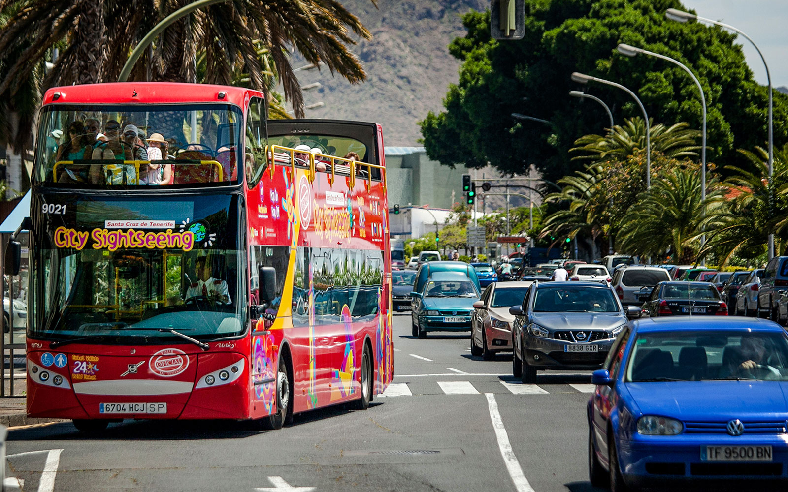 Open-top sightseeing bus touring Santa Cruz city streets.