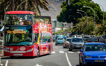 Open-top sightseeing bus touring Santa Cruz city streets.