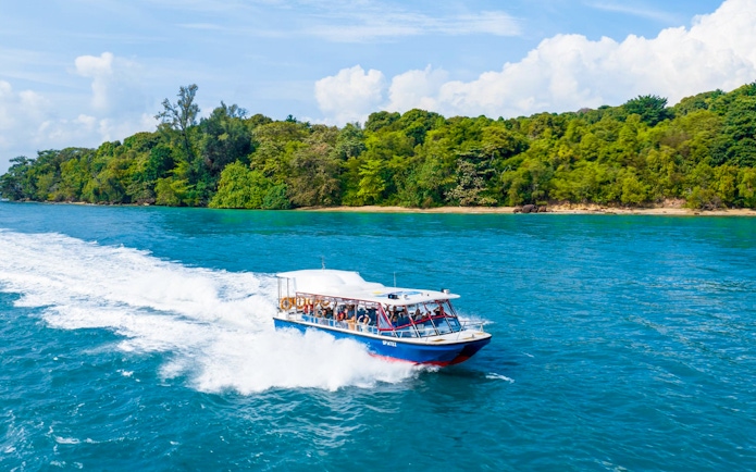 Speedboat cruising near lush island on Singapore Speedboat Adventure.