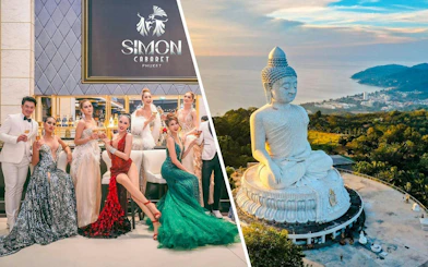 Simon Cabaret performers in Phuket and view of Big Buddha statue overlooking the city.