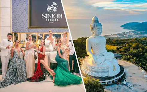Simon Cabaret performers in Phuket and view of Big Buddha statue overlooking the city.