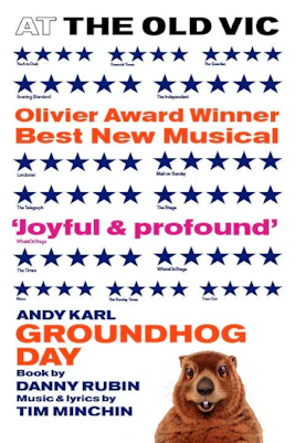 Groundhog Day musical poster with cast members in New York City.