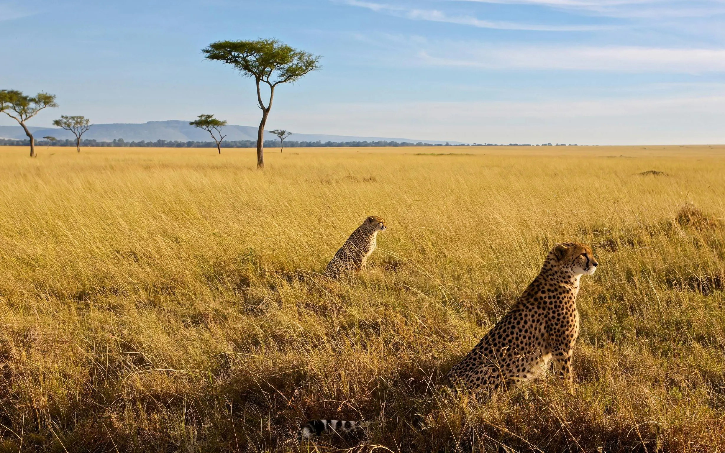 Cheetahs resting in the savannah grasslands of East Africa with acacia trees in the background.