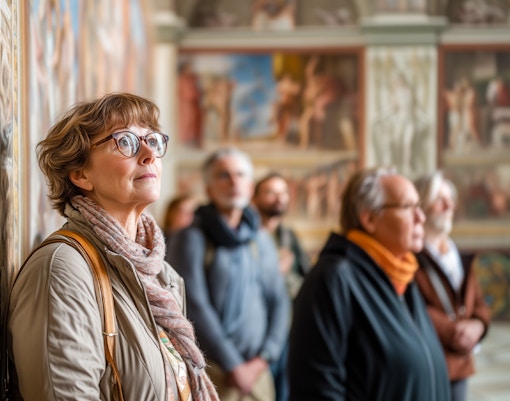 Visitor admiring frescoes in the Raphael Rooms, Vatican City.