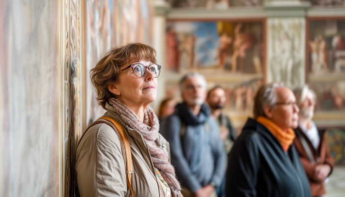 Visitors admiring Michelangelo's frescoes in the Sistine Chapel, Vatican City.