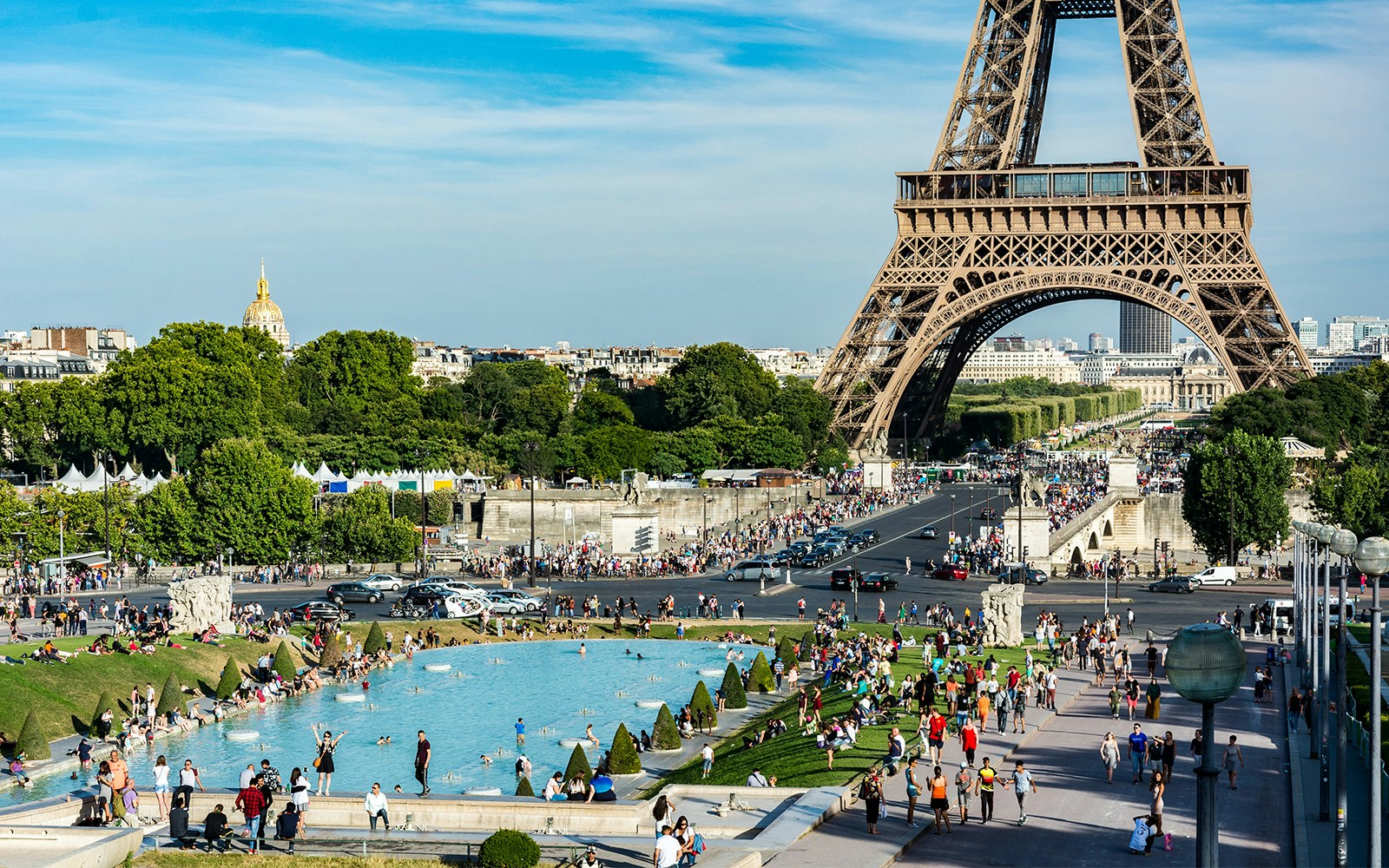 Trocadero Gardens with view of Eiffel Tower in Paris, France.