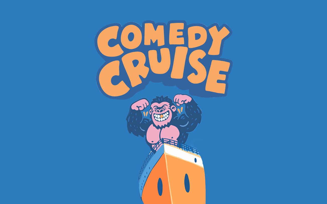 Comedy Cruise logo with a cartoon gorilla on a ship, Sydney Comedy Festival.